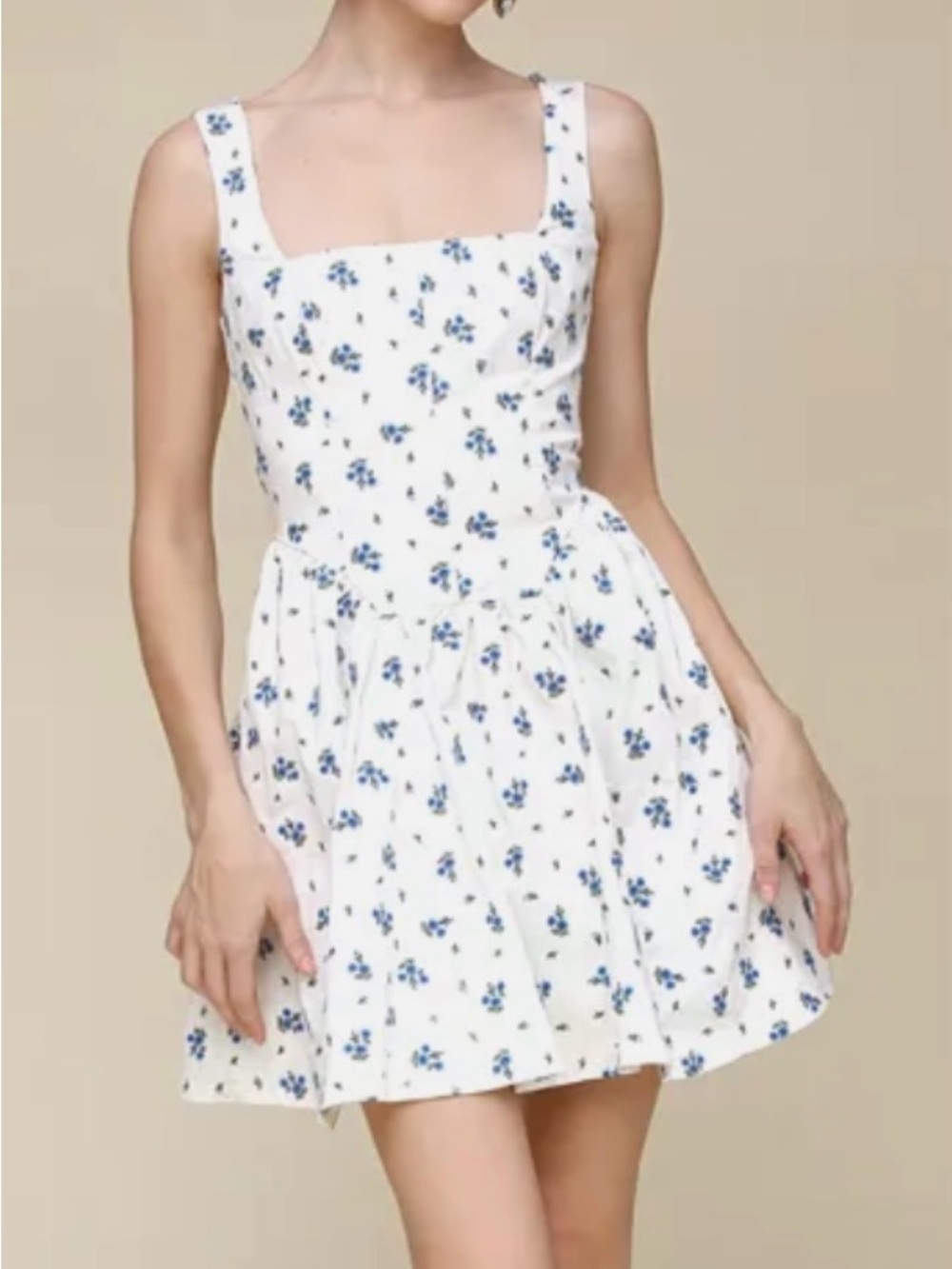 Avec Les Filles White Mini Dress with Blue Floral Print